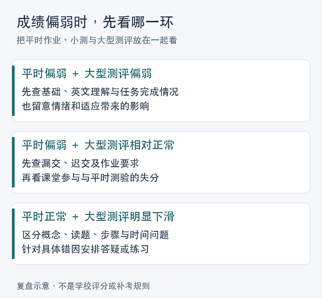 根据平时作业、小测与大型测评表现确定复盘重点的示意图