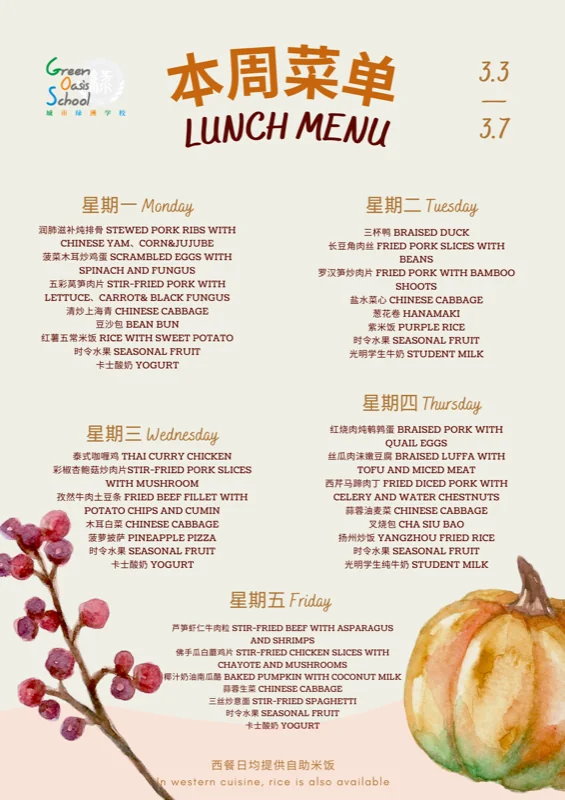 深圳城市绿洲学校  |  本周菜单 LUNCH MENU