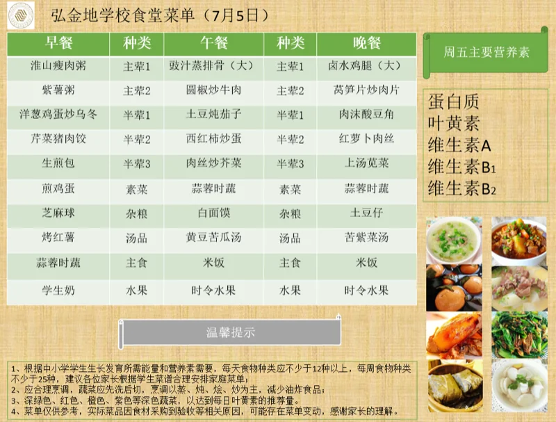 深圳市坪山区弘金地学校 | 校园食谱 | 弘金地学校本周食谱